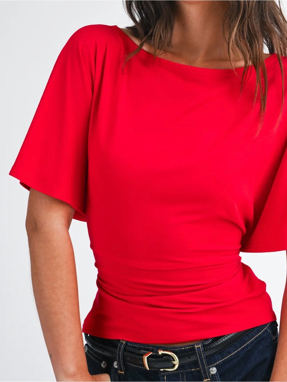 Women's Red Boatneck Short Sleeve Top with Ruched Waist